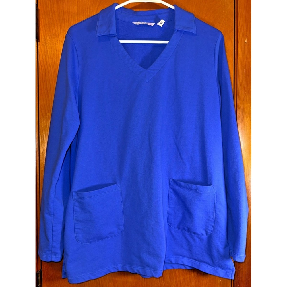 Isaac Mizrahi Live Blue French Terry Long Sleeve V-Neck Tunic Front Pockets‎ M